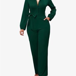 SXClub Green Long Sleeve Tie Waist Wide Leg Jumpsuit Size L